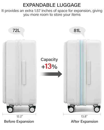 Hanke 24 Inch Expandable Checked Luggage with Cup Holder and Charger Port,Top Opening Hard Shell Suitcases with Wheels, Medium Travel Rolling Suitcase Trunk Luggage with Lock, Smoke White - color: Smoke White, size: Expandable 24 Inch