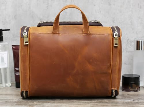 EURYNOME Leather Toiletry Bag For Men Women,Full Grain Leather Toiletries Organizer,Travel Hanging Toiletry Bag Large Water-resistant Bathroom Shaving Kit for Cosmetics, Makeup Case Travel Dopp Kit - color: Brown