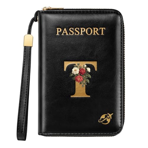Passport Holder Cover Wallet with Zipper Personalized Initial Letter T Rose Flower RFID Blocking Travel Wallets Credit Cards Holder for Women, Gift for Wife and Girlfriend,T - color: Black, size: T