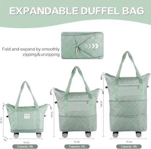 Expandable Rolling Duffle Bag - Large Carry-On With Spinner Wheels, Foldable Weekend Travel Bag, 28-58L Capacity（Backpack-Green Checkboard） - color: Backpack-Green Checkboard, style: Backpack