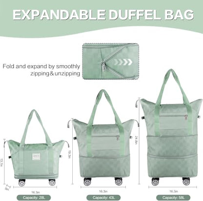 Expandable Rolling Duffle Bag - Large Carry-On With Spinner Wheels, Foldable Weekend Travel Bag, 28-58L Capacity（Backpack-Green Checkboard） - color: Backpack-Green Checkboard, style: Backpack