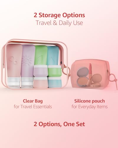 23-Piece All-in-One Silicone Travel Bottles Set – TSA Approved Leakproof Toiletry Kit with Double Bags, Flat Easy-Squeeze Bottles with Tactile Icons, Cream Jars, Pump & Spray, Cleaning Brush - color: 23B-Pink, size: 23