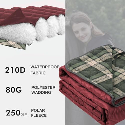DUKUSEEK Waterproof Camping Blanket with Super Thick Fleece Lining, Large Outdoor Blanket Windproof with Foldable Hood for Camping Stadium Sporting Events,79"x 58" - color: Wine Red Outer With Blue Plaid Fleece