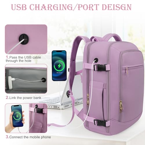 Rinlist Carry on Backpack, Flight-approved Backpack for Traveling, 40L Personal Item Travel Backpack, Purple - color: Purple