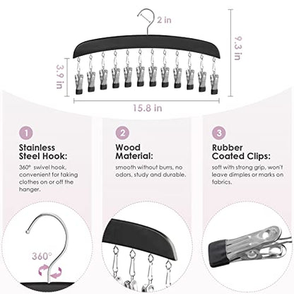MEILIDY Leggings Hangers, Wooden Closet Hanging Leggings Storage Organizer Scarf Hangers with 24 Clips, 360° Swivel Hook, Black, 2 Pcs - color: Black