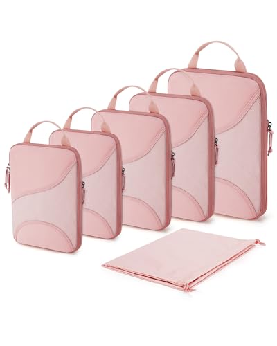 BAGSMART Compression Packing Cubes - 6 Set Travel Packing Cubes for Suitcases, Compression Suitcase Organizers with Shoe Bag - color: 01-Baby Pink