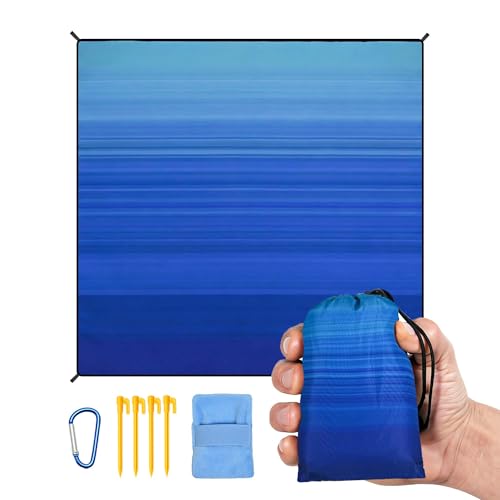 AISPARKY Pocket Beach Blanket Waterproof Sandproof Compact Picnic Mat with Sand Remover, Portable Outdoor Mat for Camping Hiking Travel Festival - color: Striped Blue Green Gradient, size: 60" X 55"