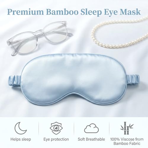 2Pcs Silk Sleeping Mask, Soft Breathable Blackout Eyeshade Comfortable Adjustable Satin Eye Shade for Women Sleep Travel Nap Bridesmaid Gifts (Blue, Black)