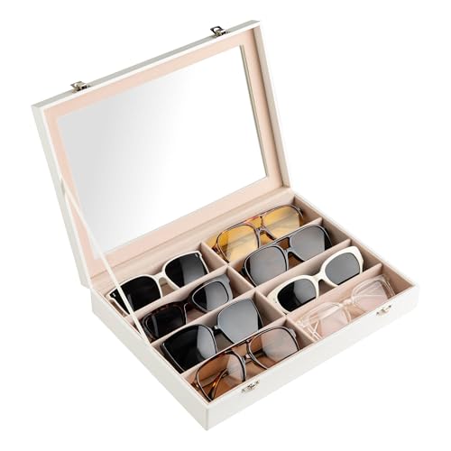 Frebeauty Sunglass Organizer,PU Leather Glasses Organizer,8-Slot Sunglasses Tray with Clear Lid,Men's/Women's Sunglasses Box,Sunglass Case,13.3x9.65x2.48 Inches,Eyeglass/Eyewear Display Tray(White) - color: White, size: With Lid