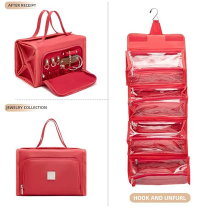 ROYALFAIR Roll Up Makeup Bag, Travel Toiletry Bag for Women with 4 Clear TSA Approved Pouches, Hanging Travel Organizer, Folding Cosmetic Bag for Men and Women (Red) - color: Red