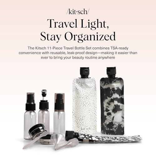 Kitsch 11 PCS Travel Containers for Toiletries – Travel Essentials Kit for Shampoo, & More - TSA Approved Bottles for Travel Size Toiletries, Leak-Proof Refillable Travel Containers - Black & Ivory