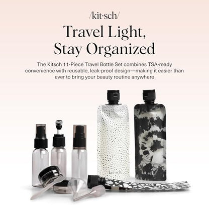 Kitsch 11 PCS Travel Containers for Toiletries – Travel Essentials Kit for Shampoo, & More - TSA Approved Bottles for Travel Size Toiletries, Leak-Proof Refillable Travel Containers - Black & Ivory
