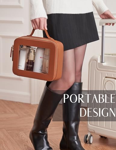 Popvibe Clear Makeup Bag Travel Cosmetic Case Transparent Toiletry Bag with Zipper, Portable Make Up Organizer Traveling Compact Car Bag for Essentials - color: Brown, style: Dual Elegance
