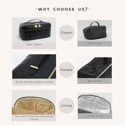 Travel Makeup Bag – Large Cosmetic Organizer with Waterproof PU Leather, Smooth Double Zipper & Tear-Resistant Lining, Toiletry Pouch for Women (Black) - color: 04-Black