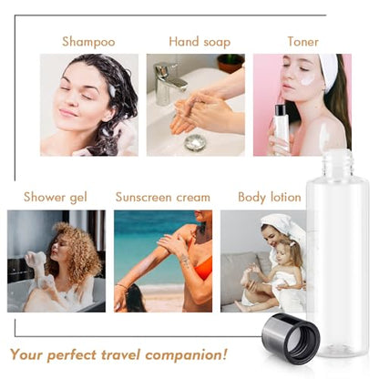 Clear 150ML/5OZ Travel Size Toiletries, 3 Pack Plastic Travel Bottles, Double Leak Proof Travel Size Containers for Shampoo, Lotion, Body Wash, Refillable Empty Travel Bottles with 6pcs Labels - color: Clear, size: 150ml(3pcs)