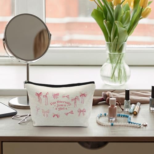 Coquette Pink Bow Makeup Bag, Preppy Bow Gifts Supplies Cosmetic Bags for Women, Girly Pink Makeup Pounch, Trendy Preppy Coquette I'm Literally Just a Girl Zipper Pouches for Purse - color: Preppy Bow