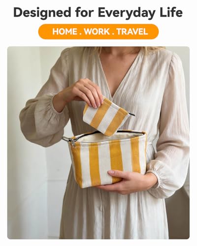 2 Pcs Makeup Bag Set, Women Gifts, Travel Cosmetic Bags, Canvas Make up Bag for Purse, Yellow Striped Makeup Pouch with Zipper Lining, Cosmetic Storage Car Organizer, Portable Large & Small Toiletry - style: Striped Yellow Canvas