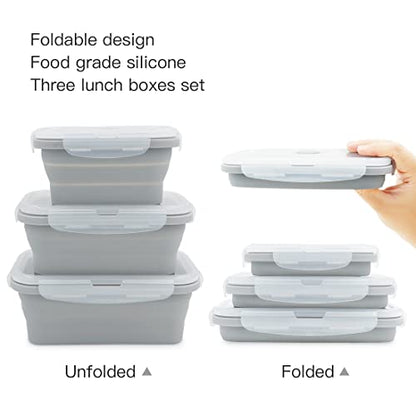 Collapsible Silicone Lunch Bento Box, Portable Food Storage Container Outdoor Picnic Box Space Saving, Microwave, Dishwasher and Freezer Safe, 3 Pcs Set (Grey) - color: Gray