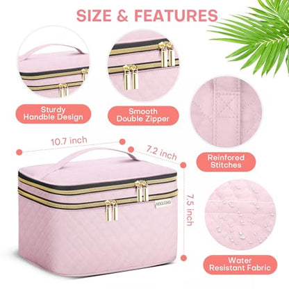 HXLGMD Large Makeup Bag with Mirror Double Layer Travel Make Up Organizer Case, Large Capacity Coemetic with Brush Slot Divider, Travel Toiletry Bag for Women (Pink) - color: Pink