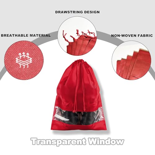 20 Pack Shoe Bags for Travel, 17" x 12.6" Drawstring Shoe Organizers with Clear Window, Breathable Non-Woven Dustproof Pouches for Luggage & Closet (Red) - color: Red