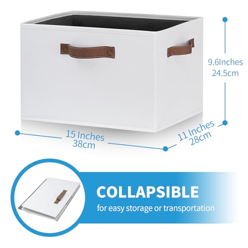 GhvyenntteS Large Fabric Storage Bins with 3 Handles, 15x11x9.6 Inch Storage Baskets for Shelves, Foldable Closet Storage Bins for Shelves, Closet Organizers and Storage Boxes, White - color: White, size: Large-3 Pack
