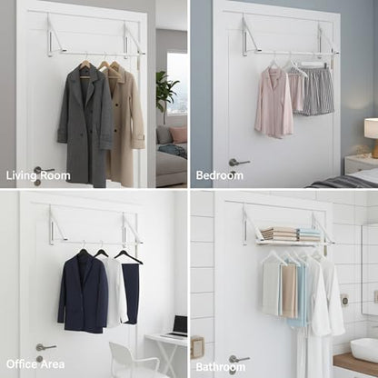 Over The Door Clothes Hanger Rack Foldable Space-Saving Over The Door Hooks for Laundry Drying Bathroom Towels & Home Office(White)