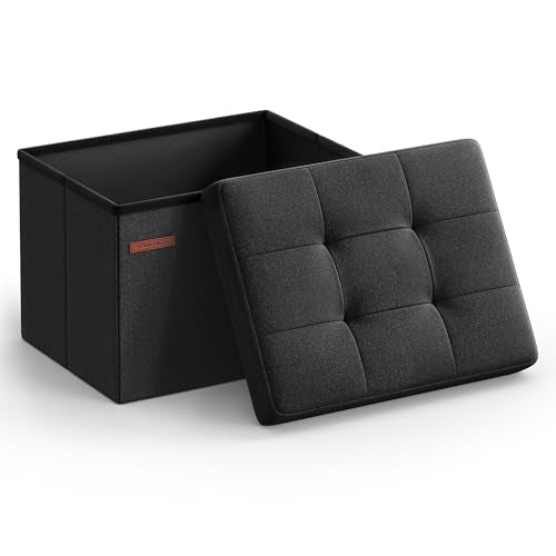 SONGMICS MAZIE Collection - Small Folding Storage Ottoman, Foot Rest Stool, 12.2 x 16.1 x 12.2 Inches, 286 lb Load Capacity, for Living Room, Bedroom, Home Office, Dorm, Ink Black ULSF102B01 - color: Ink Black, size: 12.2"D x 16.1"W x 12.2"H