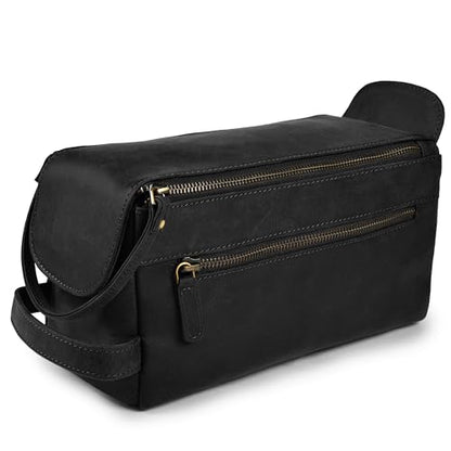 LEATHER VILLAGE Genuine Leather Travel Toiletry Bag - Water-Resistant Dopp Kit for Toiletries, Large Shaving Bag & Bathroom Organizer - Gift for Men & Women - Distressed Black - color: Distressed Black