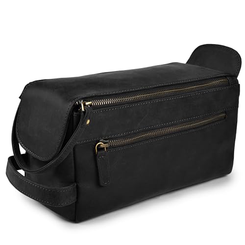 LEATHER VILLAGE Genuine Leather Travel Toiletry Bag - Water-Resistant Dopp Kit for Toiletries, Large Shaving Bag & Bathroom Organizer - Gift for Men & Women - Distressed Black - color: Distressed Black