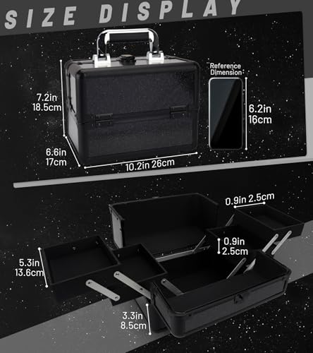 Makeup Train Case, 10.2 in Hard Vanity Makeup Box Organizer, Starry Black Cosmetic Organizer Case with 4 Trays, Lockable Portable Makeup Artist Travel Case for Nail Tech Supplies - color: Starry Black-S