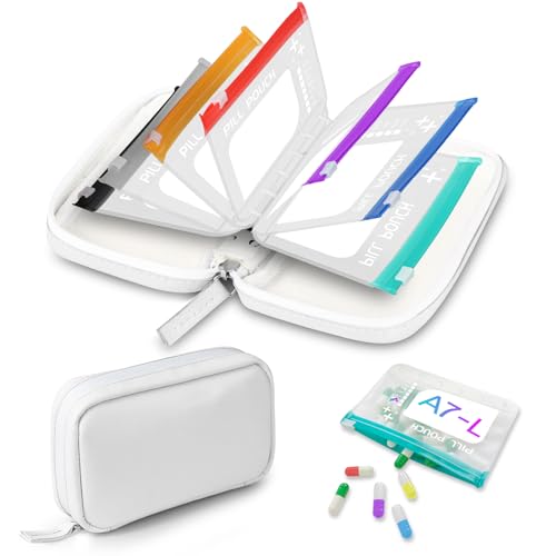 Timueetech A7 Waterproof Pill Organizer with 7 PCS L Size Zippered Pill Pouches for A7 Binder, Large BPA-Free Weekly Medicine Organizer, Color-Coded Reusable Travel Pill Storage System - color: White