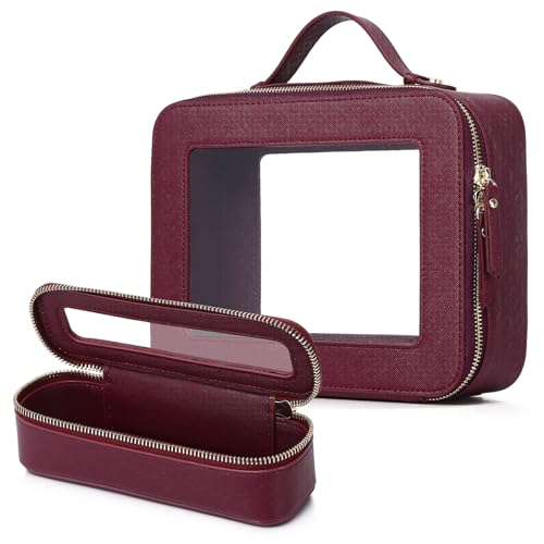 Clear Travel Makeup Bag with Brush Bag Portable Transparent Cosmetic Bag and Toiletry Bag Waterproof Clear Makeup Bag with Zipper Car Bag for Women (Burgundy, L+Slim) - color: Burgundy, size: L+Slim