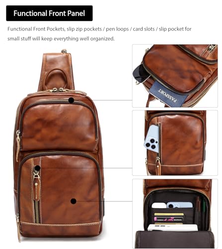 LANNSYNE Full Grain Leather Sling Bag For Men Crossbody Chest Daypack fits 10.5" iPad - color: Orange for 10.5" Ipad