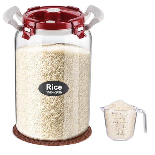 2.6 Gallon Glass Rice Storage Container with Airtight Lid & Handle, 10L Large Glass Food Storage Jar for 20 lb Rice or 10 lb Flour, Wide Mouth Pantry Canister with Silicone Base