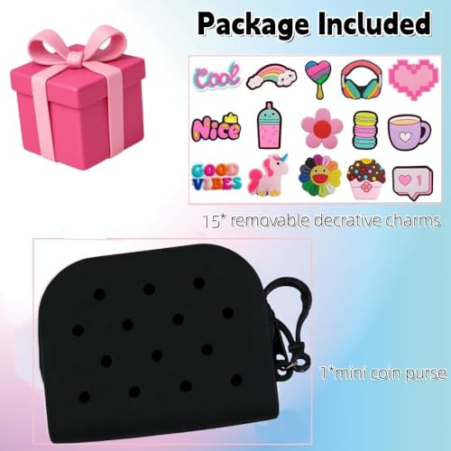 Soft Silicone Mini Coin Purse with Zipper and Cartoon Hole,with 15 pcs DIY Charms. Portable Keychain Pouch Organizer (Black) - color: Black