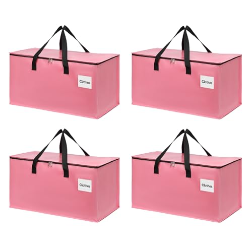 4 Pack Extra Large Heavy Duty Moving Bags with Reinforced Zipper & Wide Carry Handles, Stylish Pink Storage Totes for Clothes Packing, Dorm Moves & Apartment Organization, Pink - color: Pink-4