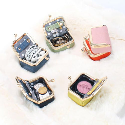 Genuine Leather Mini Jewelry Box Coin Purse for Women,Solid Color Kiss Lock Jewelry Case Organizer,Mini Travel Ring Box - color: Pink