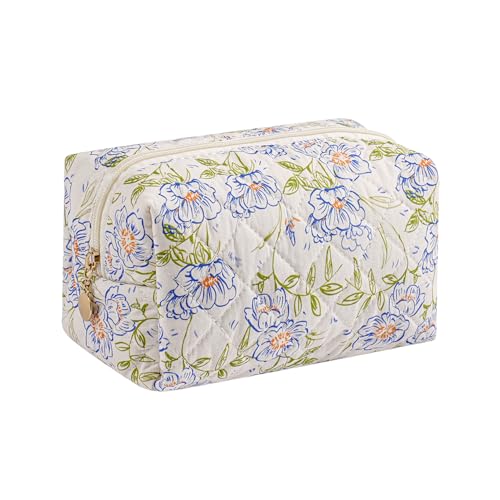 Gleyemor Small Quilted Makeup Bag for Women, Cute Floral Bow Cosmetic Bag, Emergency Bag Travel Toiletry Cotton Pouch Gifts for Girls Her Mom Friend Sister Bridesmaid (Green-Blue) - color: Green-Blue
