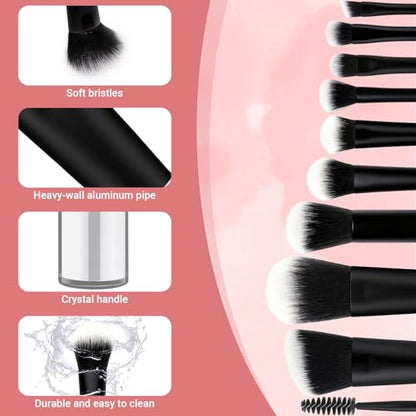 10 Pcs Mini Travel Makeup Brush Set with Pouch, Foundation, Eyeshadow, Blush, Highlighter, Angled Brow & Mascara Brushes - Soft Synthetic Fiber Brushes for On-The-Go & Daily Makeup (Black) - color: Black