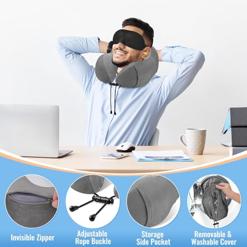 CloudBliss Memory Foam Travel Pillow for Airplane, Neck Pillow for Traveling, Airplane Pillow for Long Flight Travel, Compact Neck Pillow with Eye Mask, Earplugs, Carry Bag, Trip Essentials, Dark Grey - color: Dark Grey