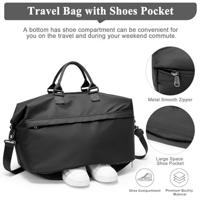 Travel Duffel Bag,Carry-On Overnight Weekender Bags for Women,Personal Item Travel Bag with Shoes Compartment,Sports Gym Bag - color: Black with Toiletry Bag