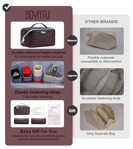 BOYATU Travel Makeup Bag Organizer: 3 Pcs Set Leopard Make up Bag for Women | Vegan Leather Cosmetic Bags with Compartments - Waterproof Toiletry Bag - 180° Open-Flat Make up Case for 3-15 Day Trips - color: 10-Red