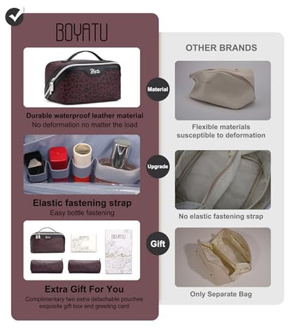BOYATU Travel Makeup Bag Organizer: 3 Pcs Set Leopard Make up Bag for Women | Vegan Leather Cosmetic Bags with Compartments - Waterproof Toiletry Bag - 180° Open-Flat Make up Case for 3-15 Day Trips - color: 10-Red