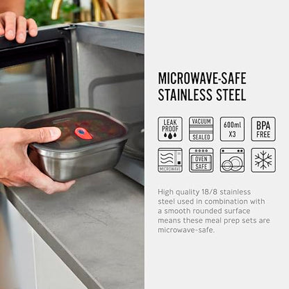 BLACK + BLUM Lunch Bowl Set - Reusable Meal Prep Containers for Picnic & Camping - Microwavable Stainless Steel Lunch Dinner Food Storage Box with Leak Proof Lid - Dishwasher Oven Safe - Small 22oz - size: Small Box Set (600ml x 3)