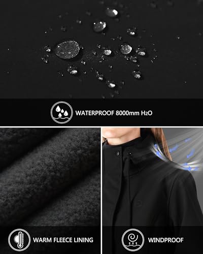 Outdoor Ventures Women's Lightweight Waterproof Fleece Lined Hooded Softshell Rain Jacket, Warm Windbreaker Long Coat - color: Black, size: XX-Large