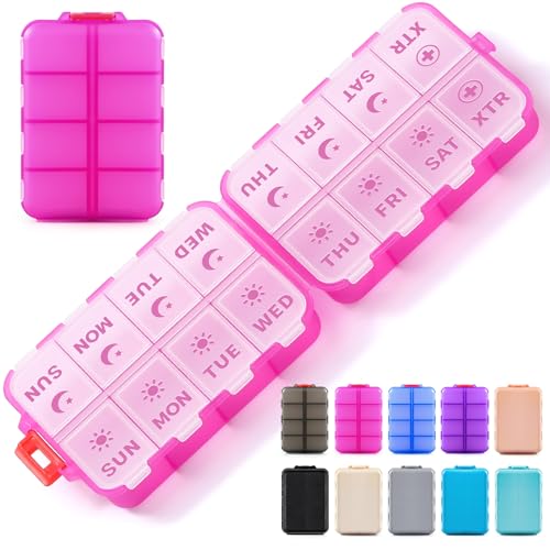 Foldable Weekly Pill Organizer 2 Times a Day with 2 Extra Compartments - Etched Labels - Portable 7 Day AM PM Medicine Box, Week Daily Travel Pill Case Holder for Meds, Vitamin, Supplement -Clear Pink - color: Clear Pink, size: AM & PM & EXTRA