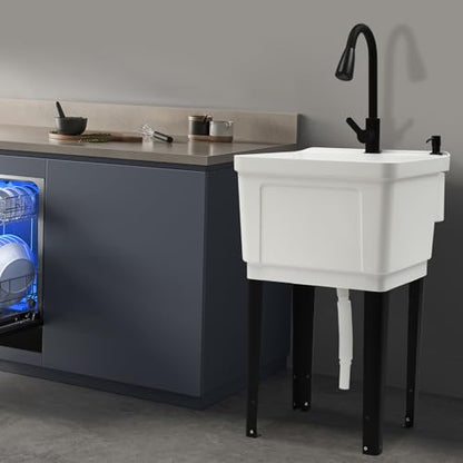 Utility Sink Laundry Tub Garage Sink w/Pull-out Faucet Freestanding Utility Sink Slop Sink for Washing Room Restaurants Utility Rooms Gardens, 19.69"W x 18.9"D x 33.07"H - color: White+Black, 19.7 x 18.9 x 33.1in