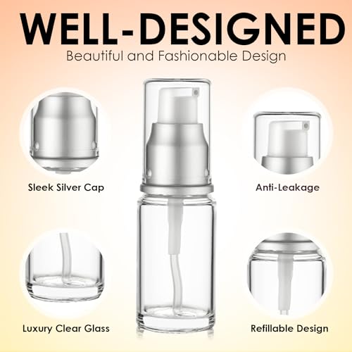 VitalUp 0.5 Oz 15ml Refillable Luxury Clear Glass Lotion Travel Pump Bottle with Silver Cap for Cosmetics, Lotion, Body Cream, Sanitizers, Cream, Foundation (Pack of 3) - size: 15 ml (3 Pack)