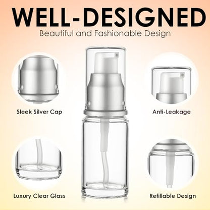VitalUp 0.5 Oz 15ml Refillable Luxury Clear Glass Lotion Travel Pump Bottle with Silver Cap for Cosmetics, Lotion, Body Cream, Sanitizers, Cream, Foundation (Pack of 3) - size: 15 ml (3 Pack)