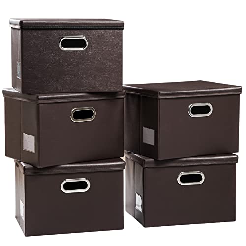 PRANDOM Large Stackable Storage Boxes with Lids [5-Pack] Leather Fabric Foldable Storage Bins Organizer Containers Baskets Cubes with Cover for Bedroom Closet Office Nursery Brown(17.7x11.8x11.8) - color: Brown, size: Large(5-Pack)